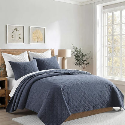 HORIMOTE HOME 55% Linen Front/100% Cotton Back Quilt Set Queen Size, Steel Blue Pre-Washed Cotton Linen Quilt Set, Geometric Stitched Pattern Bedspread Coverlet Bedding Set 3-Piece for All Seasons