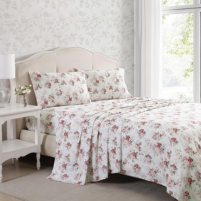 Laura Ashley - Twin Sheets, Cotton Percale Bedding Set, Lightweight & Breathable Home Decor (Ashfield Pink, Twin)