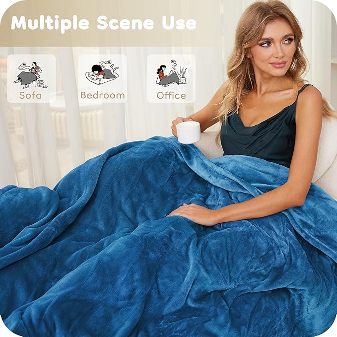 Electric Heated Blanket Throw Size 50"×60", Breathable & Luxurious Flannel, Soft Warm Gift with Over-Heat Protection, 4 Heating Levels & 3 H Auto Shut Off, Machine Washable, Lake Blue