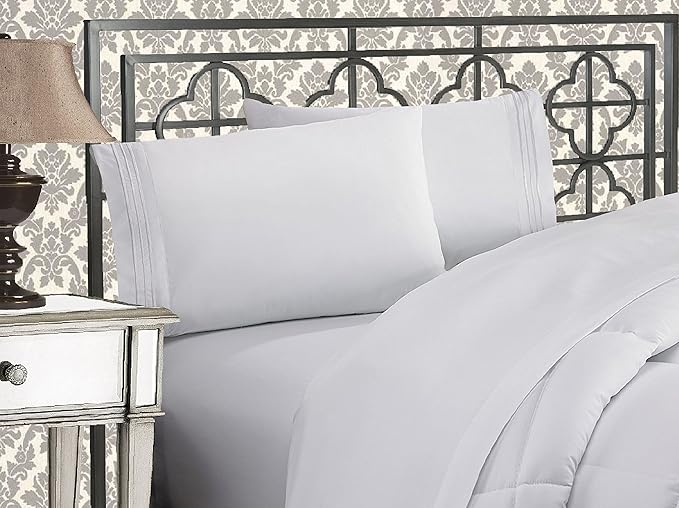 Elegant Comfort Luxurious 1500 Premium Hotel Quality Microfiber Three Line Embroidered Softest 4-Piece Bed Sheet Set, Wrinkle and Fade Resistant, California King, White