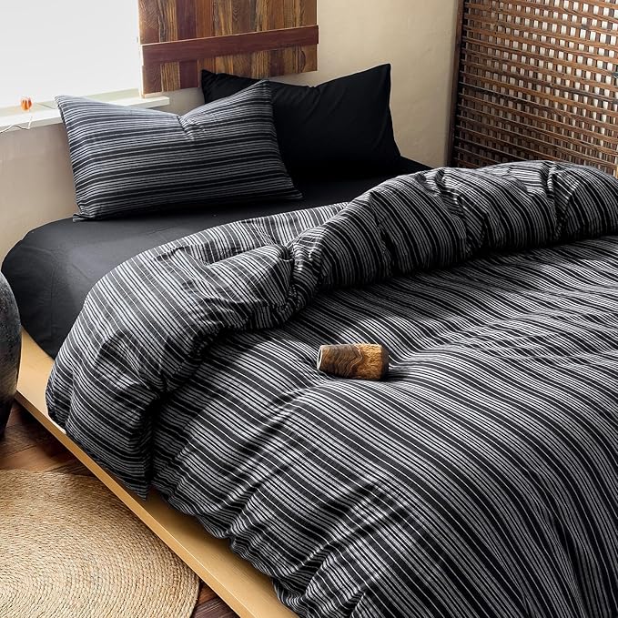 EAVD Retro Black Striped Duvet Cover Queen Soft 100% Washed Cotton Reversible Striped Pattern Bedding Set with 2 Pillowcases Farmhouse Geometric Duvet Cover with Zipper Closure