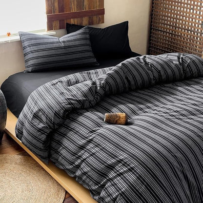 VM VOUGEMARKET Minimalist Black Stripe Duvet Cover Set – Soft Washed Cotton, Modern Neutral Ticking Pinstripe Farmhouse, 3 Pieces,Black&White,Queen Size