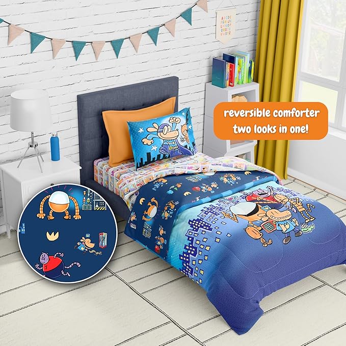Dog Man Supa Buddies Kids Bedding Set, Twin Size, 4-Piece Super Soft Cozy Reversible Comforter & Sheet Set (Officially Licensed Product) by Franco | Durable, Reversible, Officially Licensed