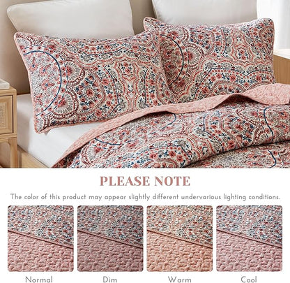 Comfort Spaces Valerie Boho Quilt Set King Pink - Soft Lightweight Bedding with Watercolor Medallion Design, Reversible All Season Quilt for Master Bedroom or Guest Room