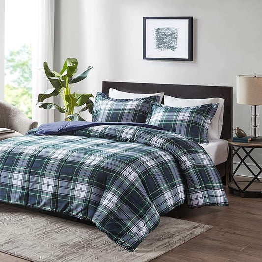 Madison Park Essentials Parkston Plaid Comforter, Matching Sham, 3M Scotchguard Stain Release Cover, Hypoallergenic All Season Bedding-Set, King/California King, Navy, 3 Piece