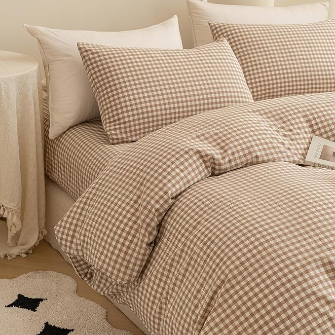 ECOCOTT Gingham Duvet Cover King Size 100% Washed Cotton Like Linen Feel Super Soft & Comfy Bedding Set Modern Checkered Design for All Seasons