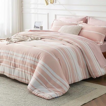 Bedsure Queen Comforter Set 7 Pieces, Light Pink Striped Bedding Set for All Seasons, Reversible, Cationic Dyeing Bed in a Bag with Comforter, Sheets, Pillowcases & Shams