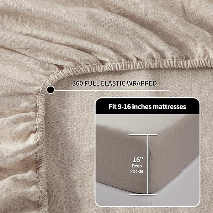 LBRO2M 100% Pure Linen Sheet Set Deep Pocket Up to 16" Bed Sheets Sets, Natural Flax Beddings Soft, Breathable, Comfortable for All Seasons 6 Pcs Sheet Set Cal King Size, Linen