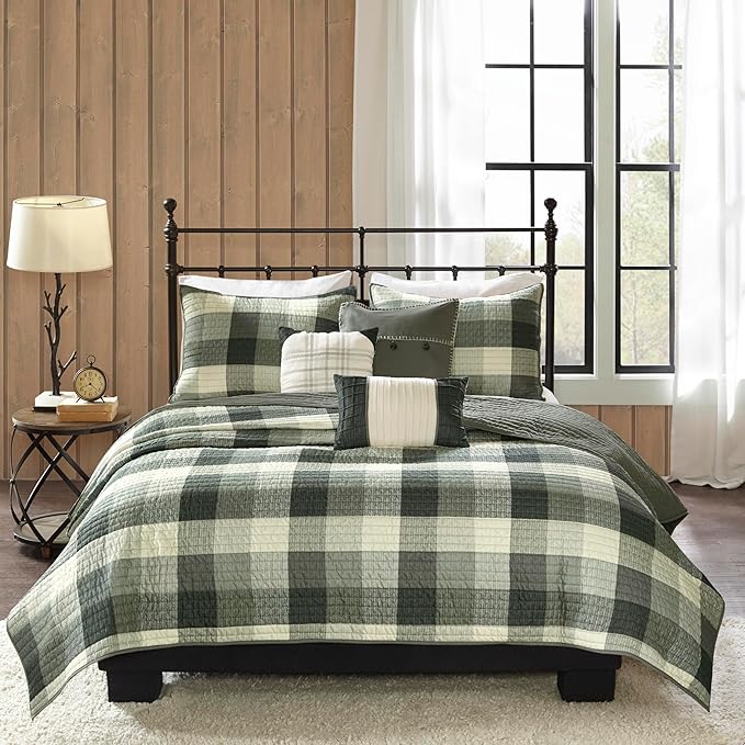 Madison Park Reversible Quilt Cabin Lifestyle Plaid Design - All Season, Breathable Coverlet Bedspread Bedding Set, Matching Shams, Ridge Grey King/Cal King(104"x92") 6 Piece
