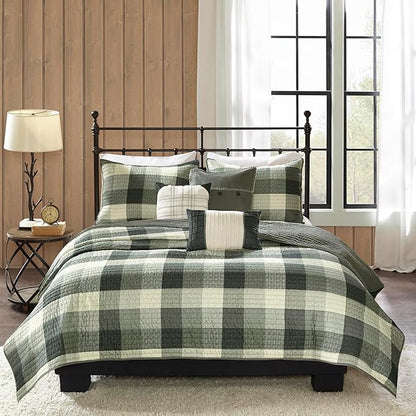 Madison Park Reversible Quilt Cabin Lifestyle Plaid Design - All Season, Breathable Coverlet Bedspread Bedding Set, Matching Shams, Ridge Grey King/Cal King(104"x92") 6 Piece