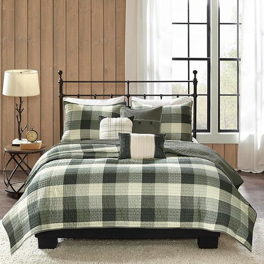 Madison Park Reversible Quilt Cabin Lifestyle Plaid Design - All Season, Breathable Coverlet Bedspread Bedding Set, Matching Shams, Ridge Grey King/Cal King(104"x92") 6 Piece