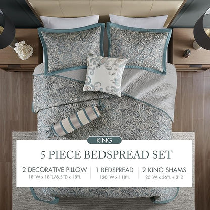 Madison Park Aubrey Reversible Quilted Bedspread Set, Solid Reverse Summer Breathable, Lightweight All Season Bedding Layer, Matching Shams, Bedspread King(120"x118") Teal 5 Piece