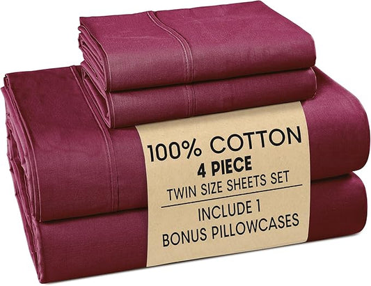 Casa Platino Twin Size Sheet Set – 4 Piece Cooling Sheets Twin Size 100% Cotton Crisp Percale Sheets with Breathable & Cozy Feel, 15" Deep Pocket Fitted Sheet for Secure Fit – Windsor Wine