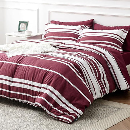 Bedsure Full Comforter Set 7 Pieces, Burgundy Striped Bedding Set for All Seasons, Reversible, Cationic Dyeing Bed in a Bag with Comforter, Sheets, Pillowcases & Shams
