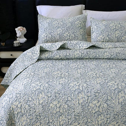 DURLENGEN Quilt Set Queen Size 3Pcs, Bluish Grey Printed with Beige Leaves Pattern,Soft Microfiber Lightweight Bedspread for All Season Layering(Queen 90x96,Beige Botanical)