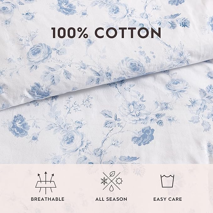 Laura Ashley - Twin XL Comforter Set, Soft & Reversible Cotton Bedding for Year Round Use, 2 Piece Bed Set with Matching Pillowcase (Belinda Blue)