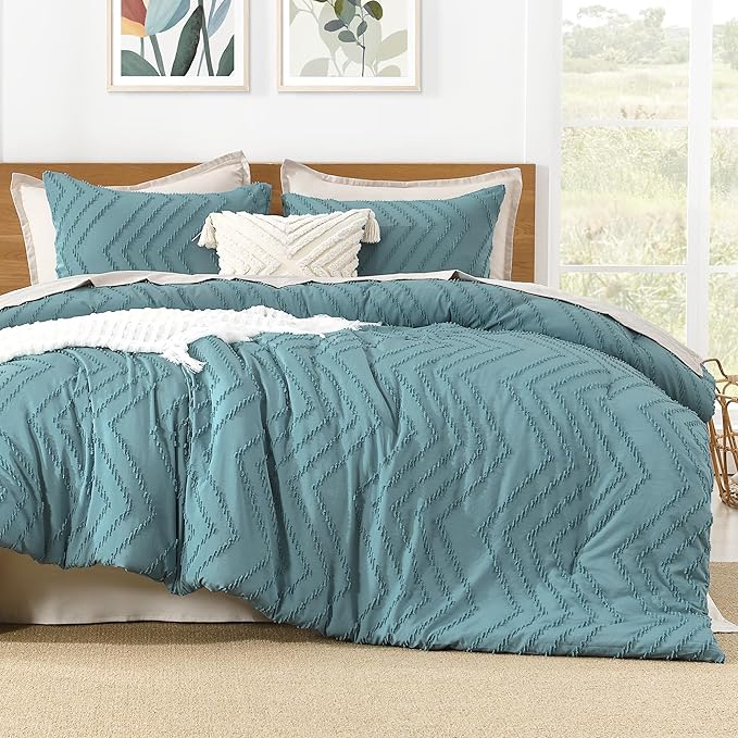 Litanika Comforter Super King Plus Size Set Grayish Teal, 3 Pieces Chevron Tufted Solid Bedding Comforter Sets, Fluffy Bed Set