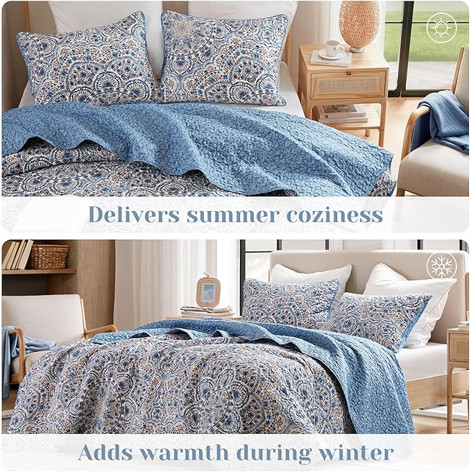 Comfort Spaces Valerie Boho Quilt Set Full/Queen Blue - Reversible Lightweight Bedding with Watercolor Medallion, Cozy All Season Quilt for Guest Room, Dorm, Teen or Adult Bed