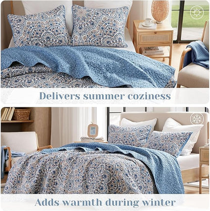 Comfort Spaces Valerie Boho Quilt Set Full/Queen Blue - Reversible Lightweight Bedding with Watercolor Medallion, Cozy All Season Quilt for Guest Room, Dorm, Teen or Adult Bed