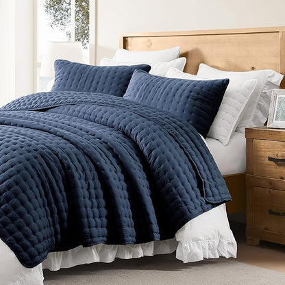 WDCOZY Navy Blue King Size Quilt Bedding Sets with Pillow Shams, Lightweight Soft Bedspread Coverlet, Quilted Blanket Thin Comforter Bed Cover, All Season Summer Spring, 3 Pieces, 104x90 inches