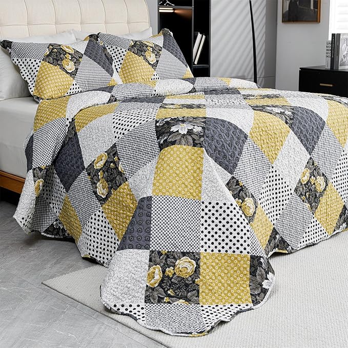 Cmfshape Summer Floral Queen Bedspread,Romantic Khaki Quilt Set Full,Reversible Stitched Bedding Set All Season,Soft Lightweight Coverlet with Pillow Cases (Khaki&Dark, Queen90 x90)