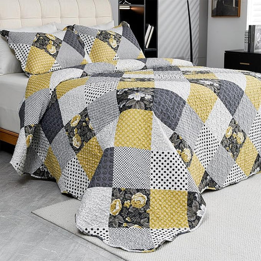 Cmfshape Summer Floral Queen Bedspread,Romantic Khaki Quilt Set Full,Reversible Stitched Bedding Set All Season,Soft Lightweight Coverlet with Pillow Cases (Khaki&Dark, Queen90 x90)