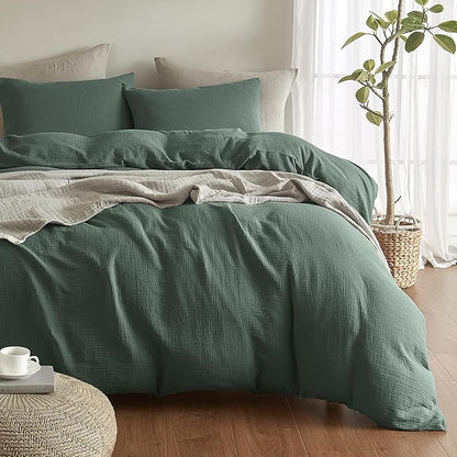 SE SOFTEXLY Muslin Duvet Cover Queen Size, 100% Washed Cotton Duvet Cover Set, Ultra Soft Comforter Cover Linen Like, 3 Pieces Minimalist Gauze Duvet Cover with 2 Pillowcases, 90"x90", Forest Green