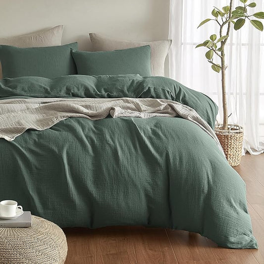 SE SOFTEXLY Muslin Duvet Cover California King Size, 100% Washed Cotton Duvet Cover Set, Ultra Soft Comforter Cover Linen Like, 3 Pieces Gauze Duvet Cover with 2 Pillowcases, 98"x104", Forest Green