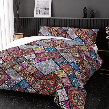 Colorful Bohemian Comforter Sets Full Size,Retro Grid Bedding Set for Your Room,Abstract Soft Lightweight Quilted Set All Season,1 Comforter and 2 Pillowcases