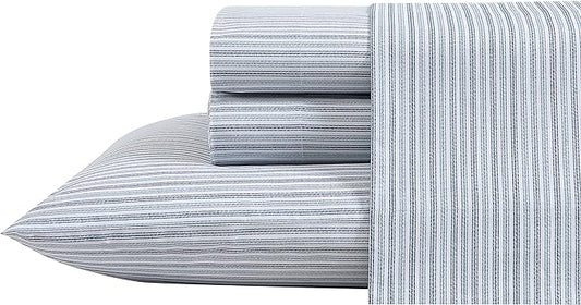Eddie Bauer - Twin XL Sheet Set, Cotton Percale Bed Sheets, Crisp & Cool, Ideal Dorm Essentials (Ticking Stripe Light Blue, Twin XL)