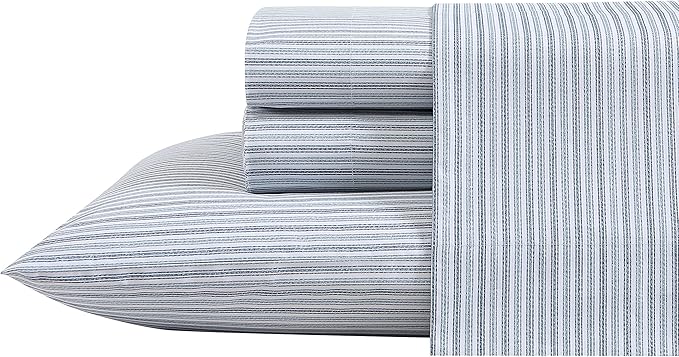 Eddie Bauer - Queen Sheets, Cotton Percale Bedding Set, Crisp & Cool Home Decor (Ticking Stripe Light Blue, Queen)