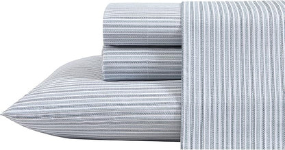 Eddie Bauer - Queen Sheets, Cotton Percale Bedding Set, Crisp & Cool Home Decor (Ticking Stripe Light Blue, Queen)