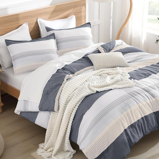Litanika Comforter Set Full Size Blue Yellow - 3 Pieces Lightweight Blue Yellow White Colorblock Stripe Fluffy Bedding Comforter Sets, All Season Bed Set