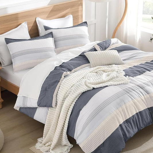 Litanika Comforter Set King Size Blue Yellow - 3 Pieces Lightweight Blue Yellow White Colorblock Stripe Fluffy Bedding Comforter Sets, All Season Bed Set