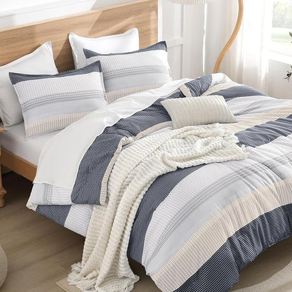 Litanika Oversized King Comforter Set Blue Yellow 120x120-3 Pieces Lightweight Colorblock Stripe Fluffy Bedding Comforter Sets, All Season Bed Set