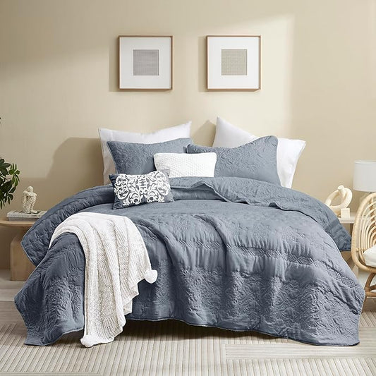 B2EVER Boho Blue Quilt Queen Size Bedding Sets with Pillow Sham, Bohemian Lightweight Soft Bedspread Coverlet, Farmhouse Floral Vintage Thin Comforter Bed Cover All Season, 3 Pieces, 90x90 inches