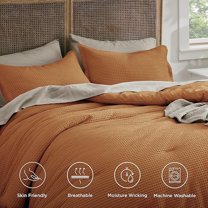 Bedsure Waffle Comforter Set Queen, Hazel Soft Bedding, Waffle Weave Bed Set, 3 Pieces, 1 Comforter (90"x90") and 2 Pillow Shams, Cotton Shell and Polyester Lining for All Seasons