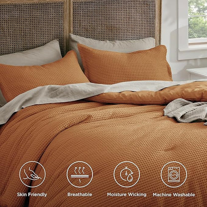 Bedsure Waffle Comforter Set Queen, Hazel Soft Bedding, Waffle Weave Bed Set, 3 Pieces, 1 Comforter (90"x90") and 2 Pillow Shams, Cotton Shell and Polyester Lining for All Seasons