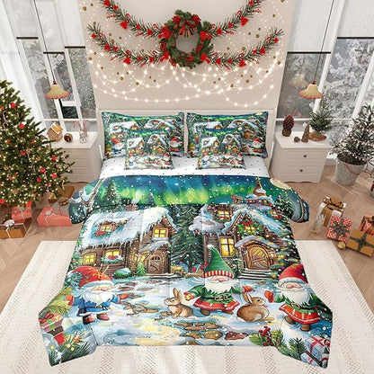 Cartoon Christmas Cabin Comforter Set 7 Pieces,Winter Santa Gnome Bed Set,Rustic Botanical Flowers Bedding Bed in a Bag Soft,King (1 Comforter,2 Pillowcase,2 Pillow Covers,1 Flat Sheet,1 Fitted Sheet)