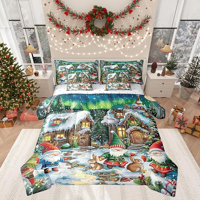 Cartoon Christmas Cabin Comforter Set 7 Pieces,Winter Santa Gnome Bed Set,Rustic Botanical Flowers Bedding Bed in a Bag Soft,Full (1 Comforter,2 Pillowcase,2 Pillow Covers,1 Flat Sheet,1 Fitted Sheet)