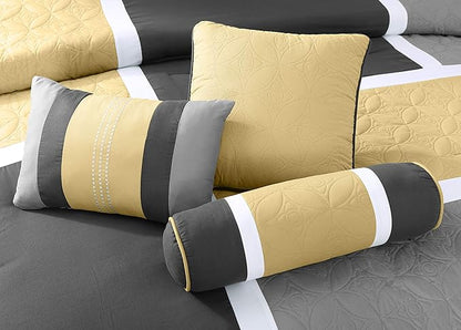 Chezmoi Collection Upland 7-Piece Quilted Patchwork Comforter Set, Yellow/Charcoal/Gray, Full