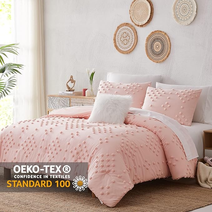Geniospin Pink Full Comforter Set for Girls- 7 Pieces Pom Tufted Bed in A Bag Full Bedding Sets with Sheets, Pillowcases & Shams, All Season Kids Comforter Set