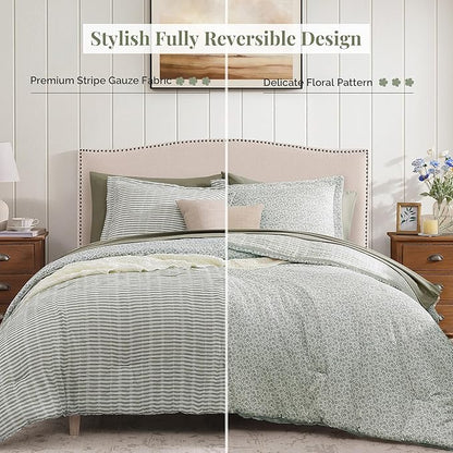 Full Comforter Set - 7 Pieces Green Gauze Muslin Bedding Sets for All Seasons, Lightweight Breathable Bed in a Bag Full with Revesible Farmhouse Comforter, Sheets, Pillowcases & Shams