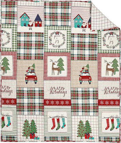 Levtex Home - Home for Christmas Sage - Quilted Throw (50x60in.) - Patchwork Holiday - Red Green White - Reversible - Cotton