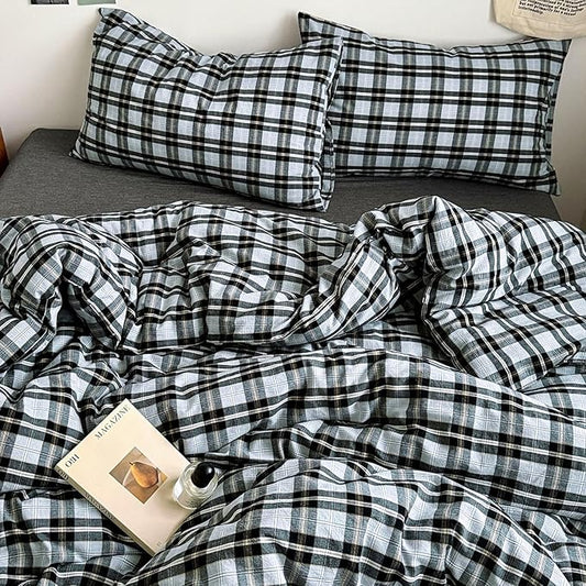 HighBuy Grey Gingham Grid Comforter Set Twin XL Size, Modern Chic Plaid Comforter Set 3 Pieces Fluffy Soft Boho Checkered Pattern Printed Comforter with 2 Pillowcases for Boy Men