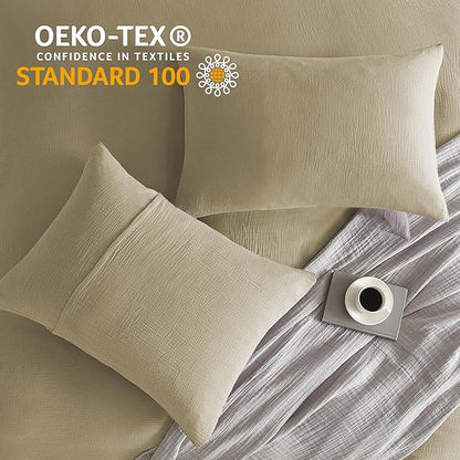 SE SOFTEXLY Muslin Duvet Cover Queen Size, 100% Washed Cotton Duvet Cover Set, Ultra Soft Comforter Cover Linen Like, 3 Pieces Minimalist Gauze Duvet Cover with 2 Pillowcases, 90"x90", Oatmeal
