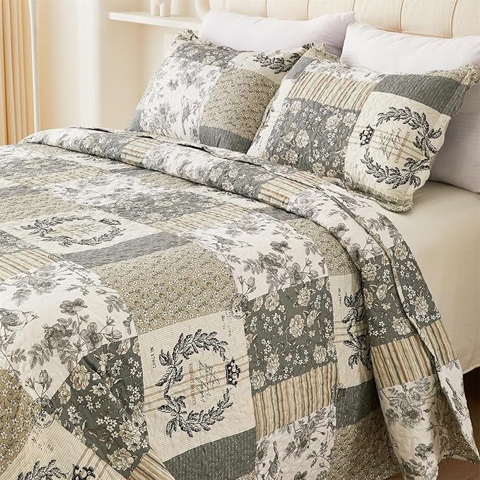 Cmfshape Floral Quilt Queen,3-Pcs Bird Pattern Queen Set,Lightweight Bedspread for Size Bed,Grey Plaid Farmhouse Reversible Bed All Season,Country Quilted Blanket(Grey&White Queen90”x90”)
