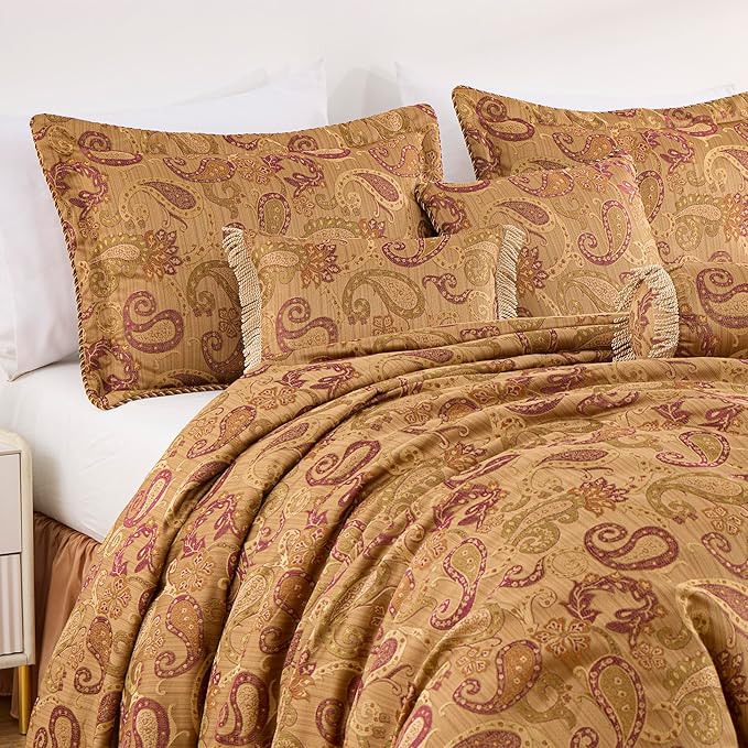 Chezmoi Collection Adelle 7-Piece Paisley Jacquard Embroidered Comforter Bedding Set, Queen Size