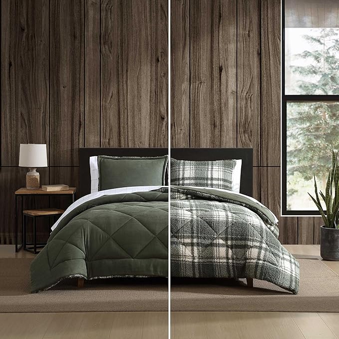 Eddie Bauer - Twin Comforter Set, Microsuede Bedding with Soft Plush Faux Shearling Reverse, 2 Piece Bed Set with Matching Pillowcase (Big Lake Plaid Green)