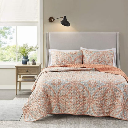 Comfort Spaces Reversible Quilt Set-Vermicelli Stitching Design All Season, Lightweight, Coverlet Bedspread Bedding, Matching Shams, King (104 in x 90 in), Gloria Damask Coral 3 Piece